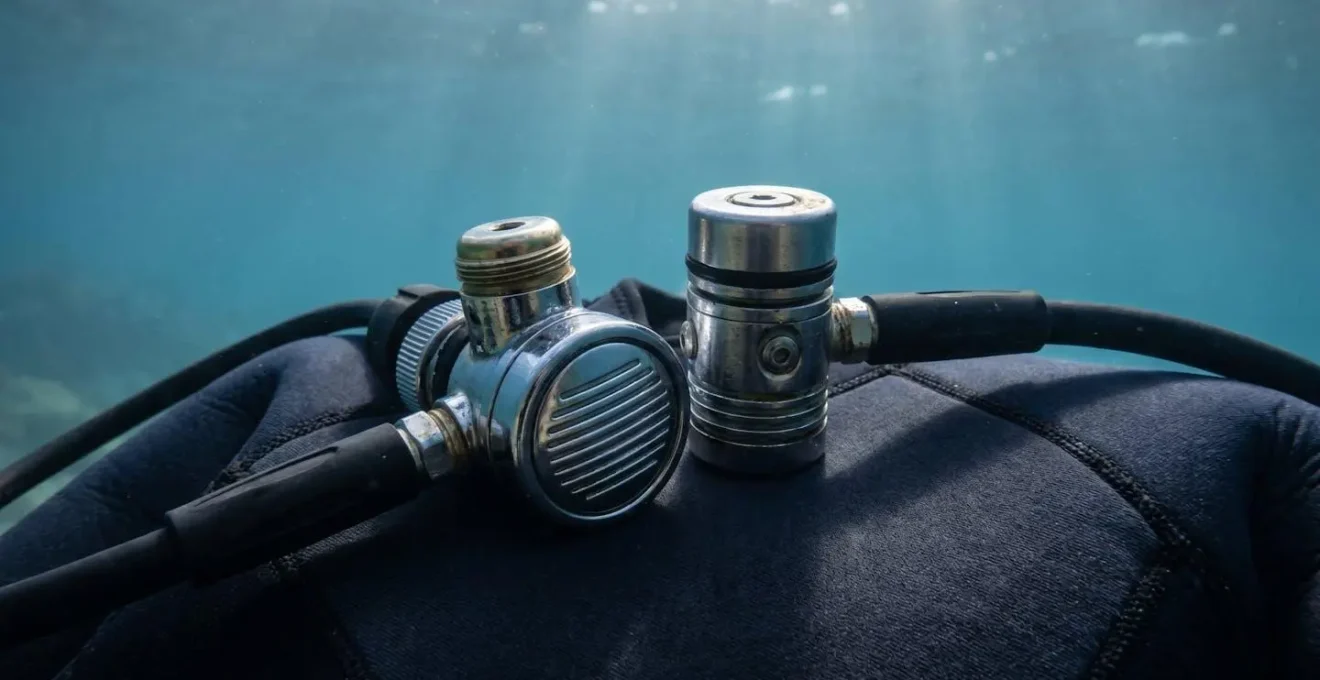 Vue rapprochée de deux détendeurs de plongée posés sur une combinaison néoprène sombre, l'un à membrane et l'autre à piston, avec un fond sous-marin flou évoquant la profondeur