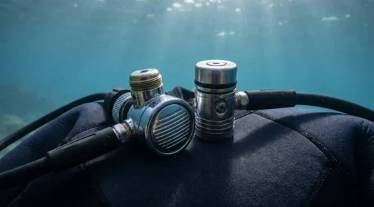 Vue rapprochée de deux détendeurs de plongée posés sur une combinaison néoprène sombre, l'un à membrane et l'autre à piston, avec un fond sous-marin flou évoquant la profondeur