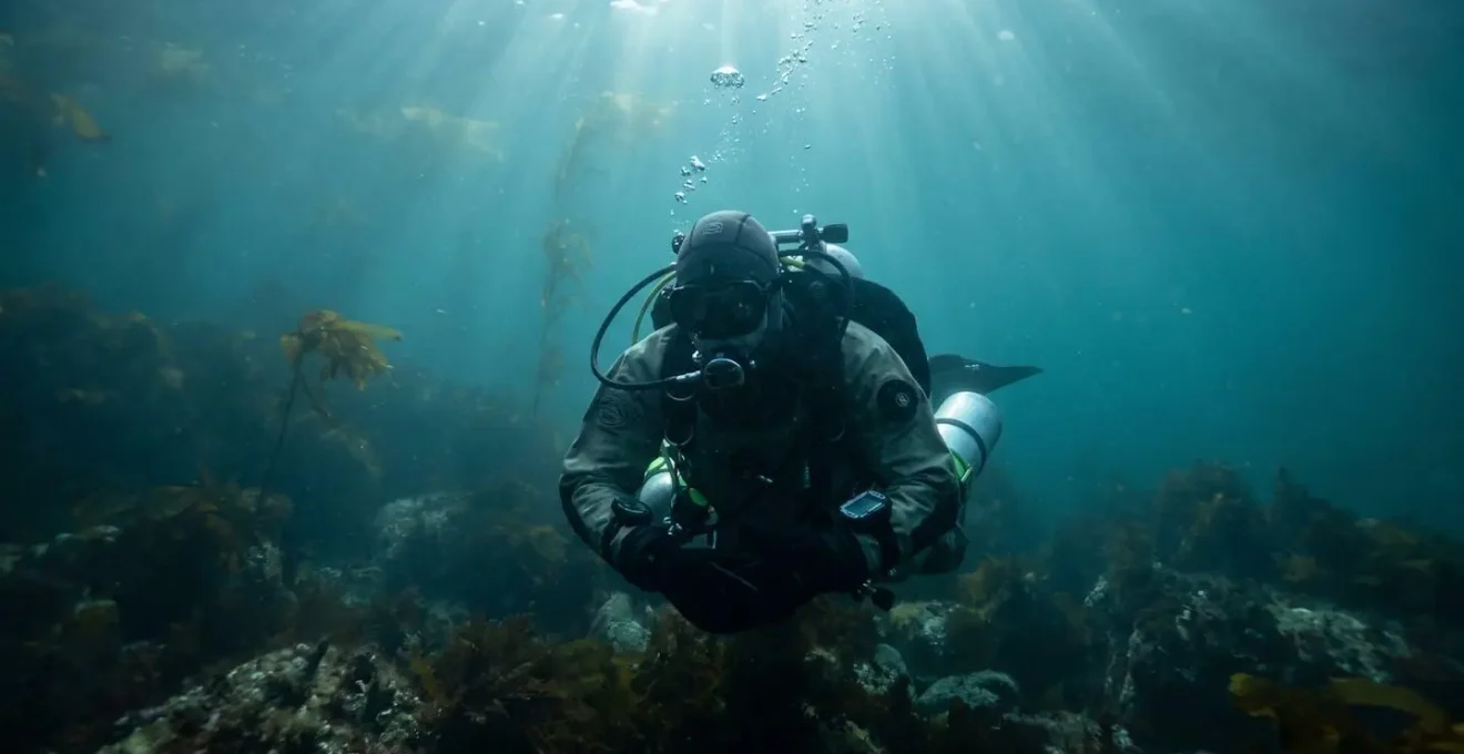 Plongeur en combinaison épaisse évoluant à moyenne profondeur dans une eau bleu-vert froide, respirant calmement avec son détendeur, faisceau de lumière naturelle filtrant depuis la surface
