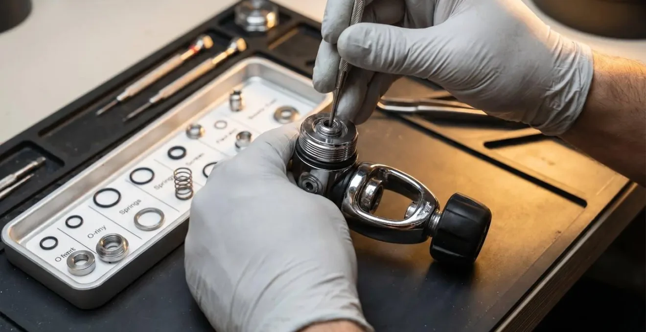 Mains d'un technicien spécialisé démontant méthodiquement un premier étage de détendeur sur un établi propre, pièces disposées avec soin, lumière directionnelle mettant en valeur les composants internes